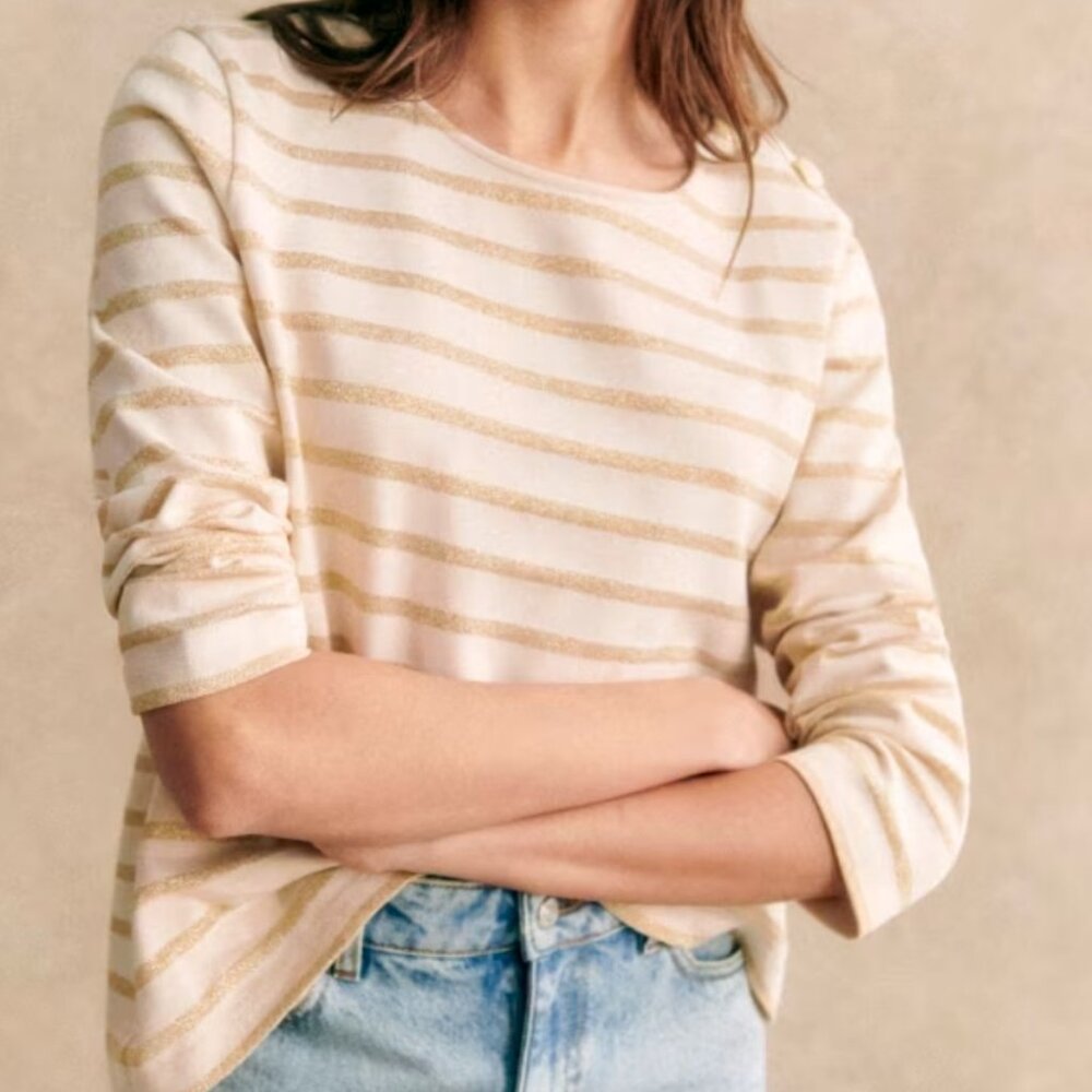 Sezane Colette Marinière Shirt in Ecru/Gold Stripes (NWT)